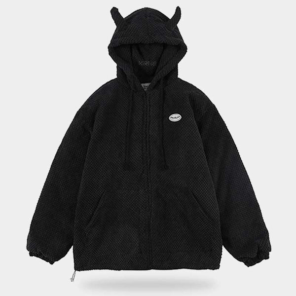 Black devil horn hoodie for a japanese techwear outfits