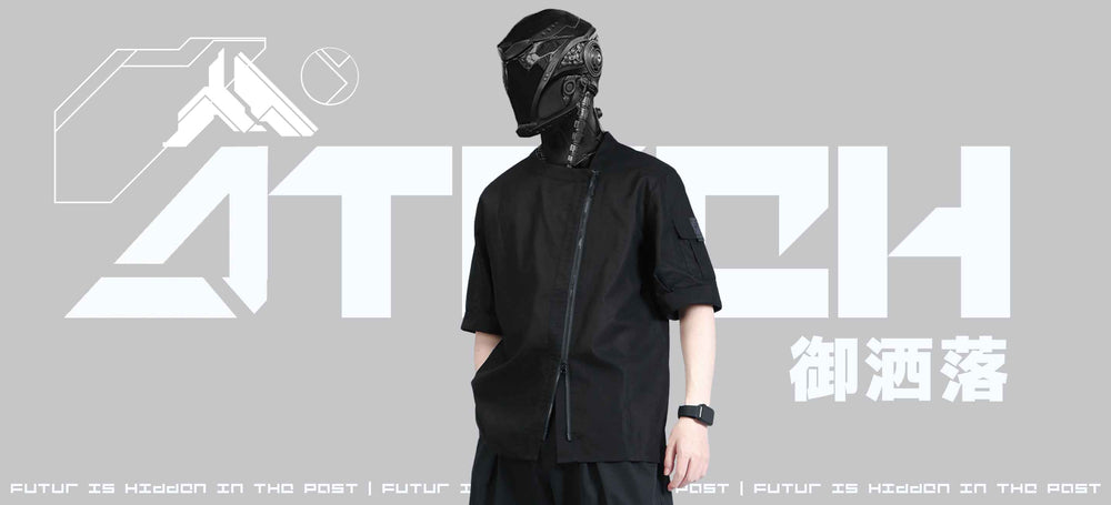 Techwear shop and cyberpunk outfit: mask, futuristic clothing