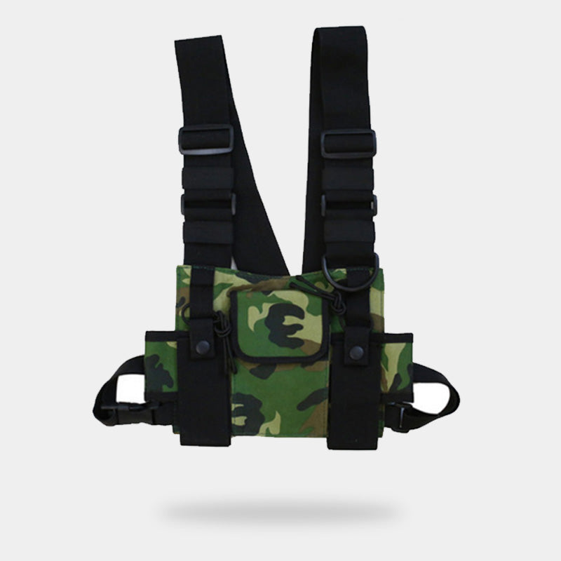 Wear a utility chest bag for techwear fashion with military camo