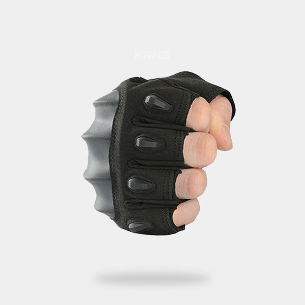 Hand with black techwear fingerless gloves