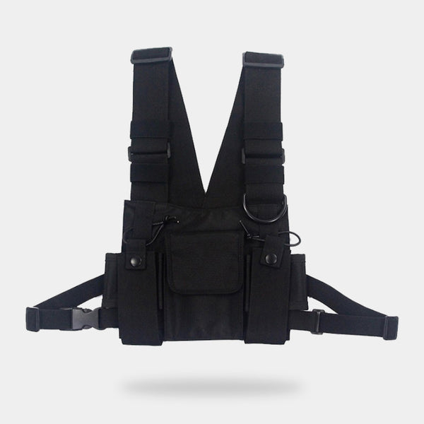 Black chest bag with multi pocket for techwear style