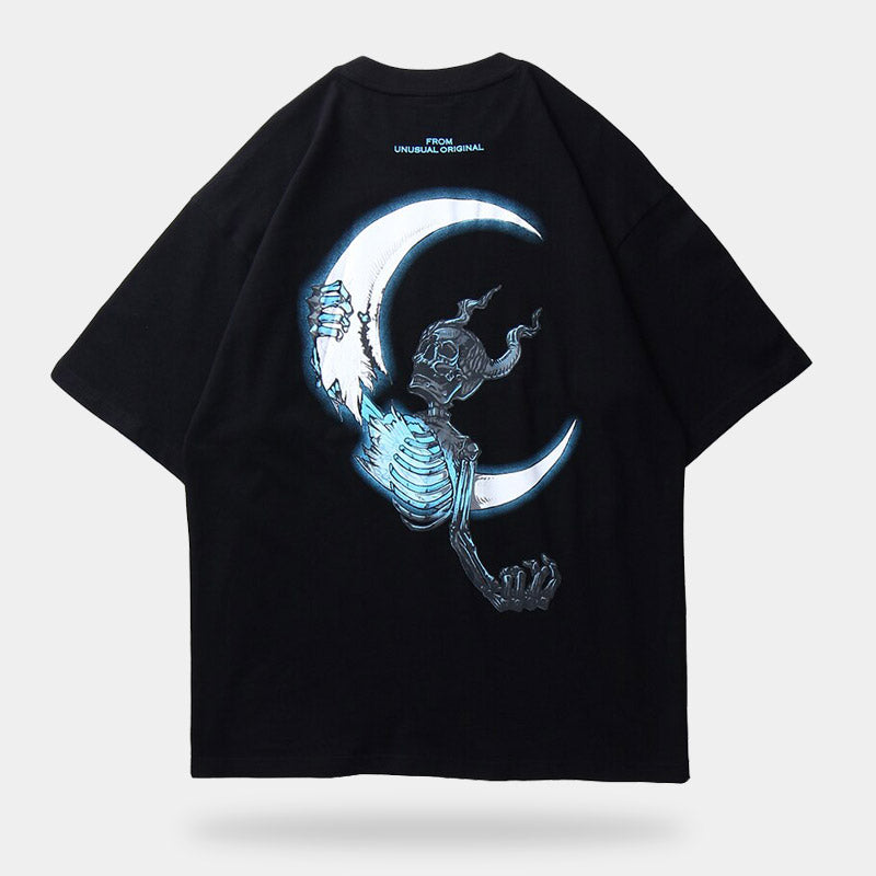 blue skull shirt holding the moon