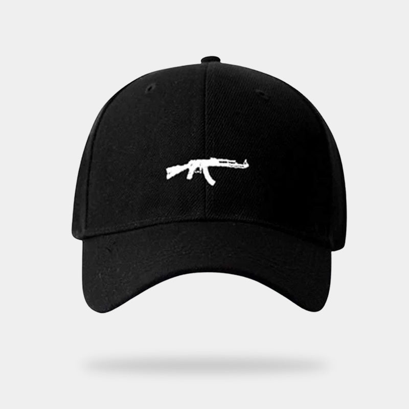 Black firearm hat with a Ak47 design embrodery