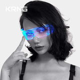 women wearing futuristic glasses with leds. Cyberpunk glasses style