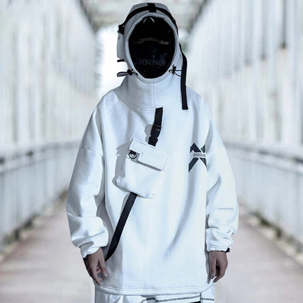Man wearin a white hoodie with headphone for techwear style and music