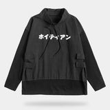 Japanese black hoodie with white kanji and techwear streetwear style