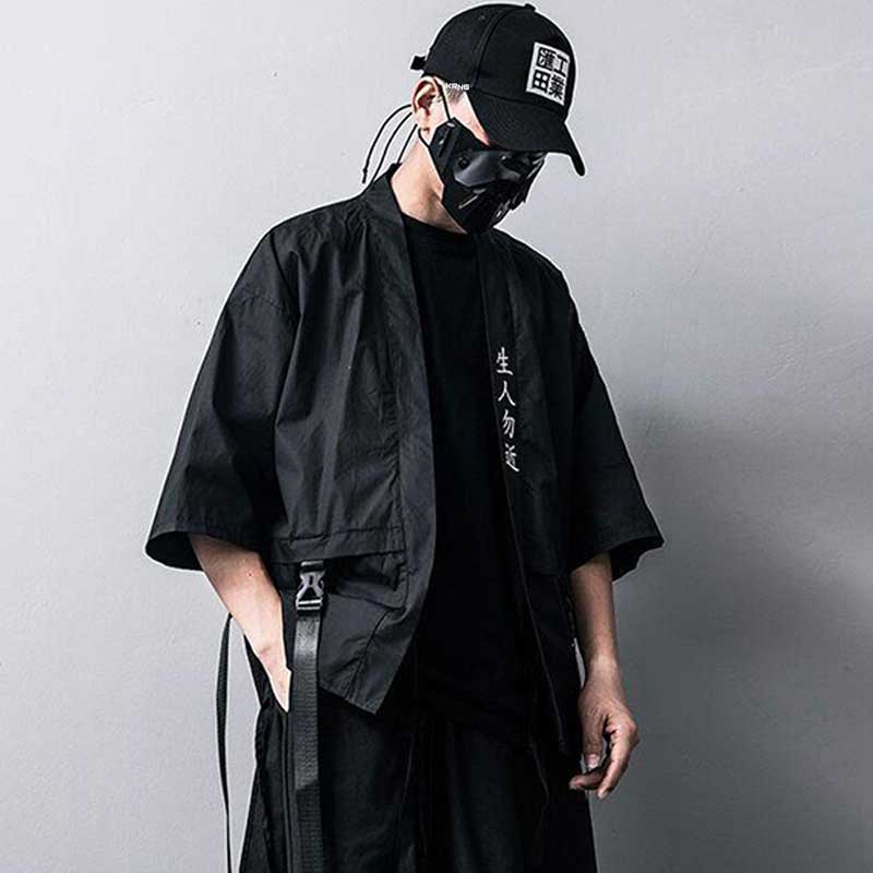 Kimono mens fashion to wear with a techwear face mask and a black cap