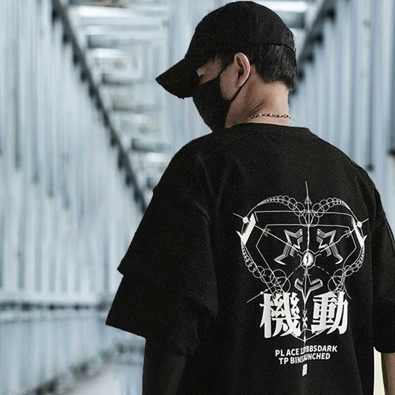 men cyberpunk shirt with japanese kanji design