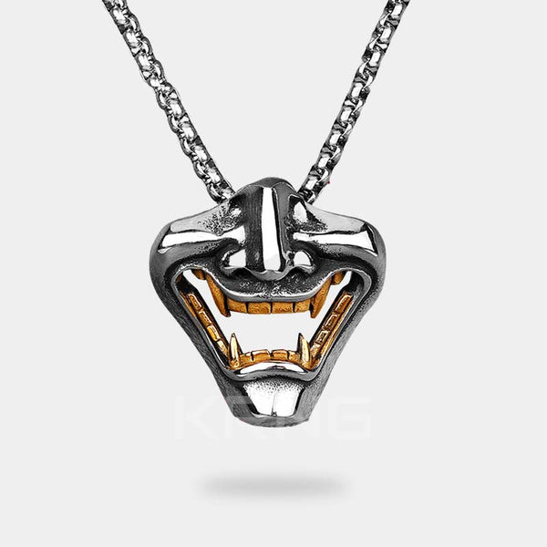Samurai necklace representing a demon oni hannya with a stainless steel chain