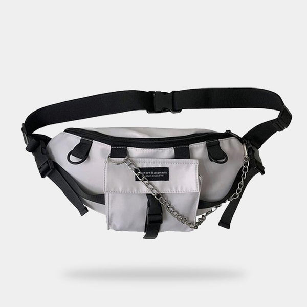 Sling bag techwear with multiple pockets and a chain