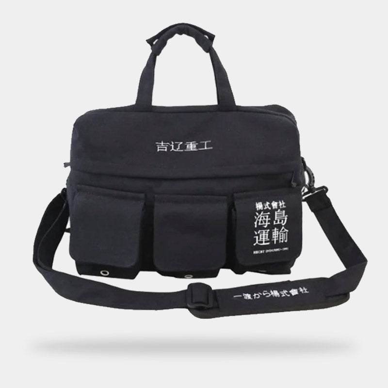 Darkwear outfit with small tactical messenger bag