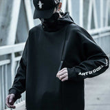 techwear hoodie diagonal zip and black cap