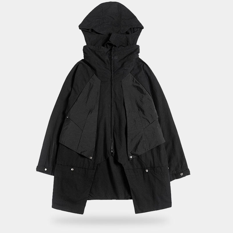 black techwear long jacket with zip